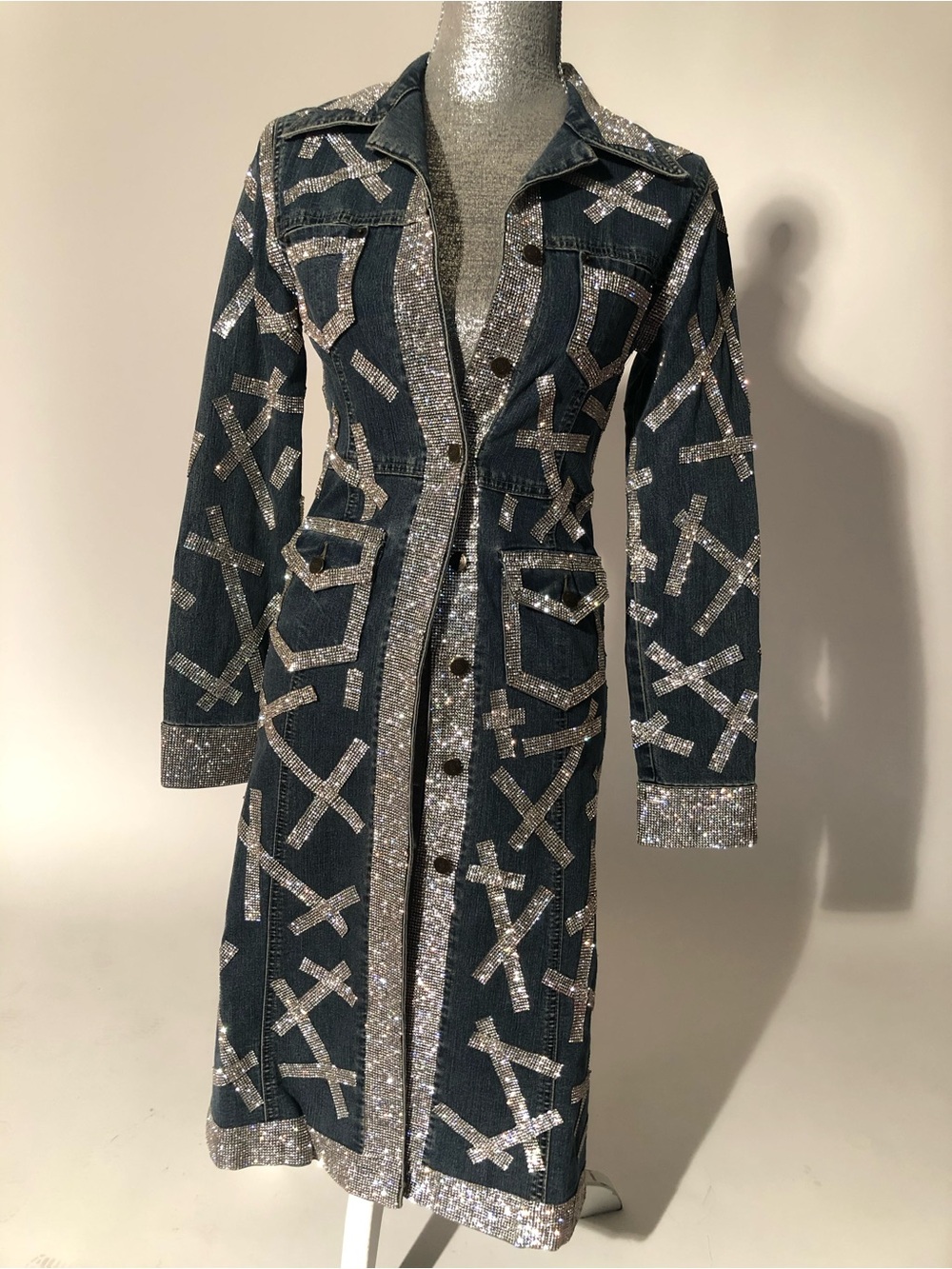 Embellished Crystals Trim Denim Trench Coat - Navy with Silver